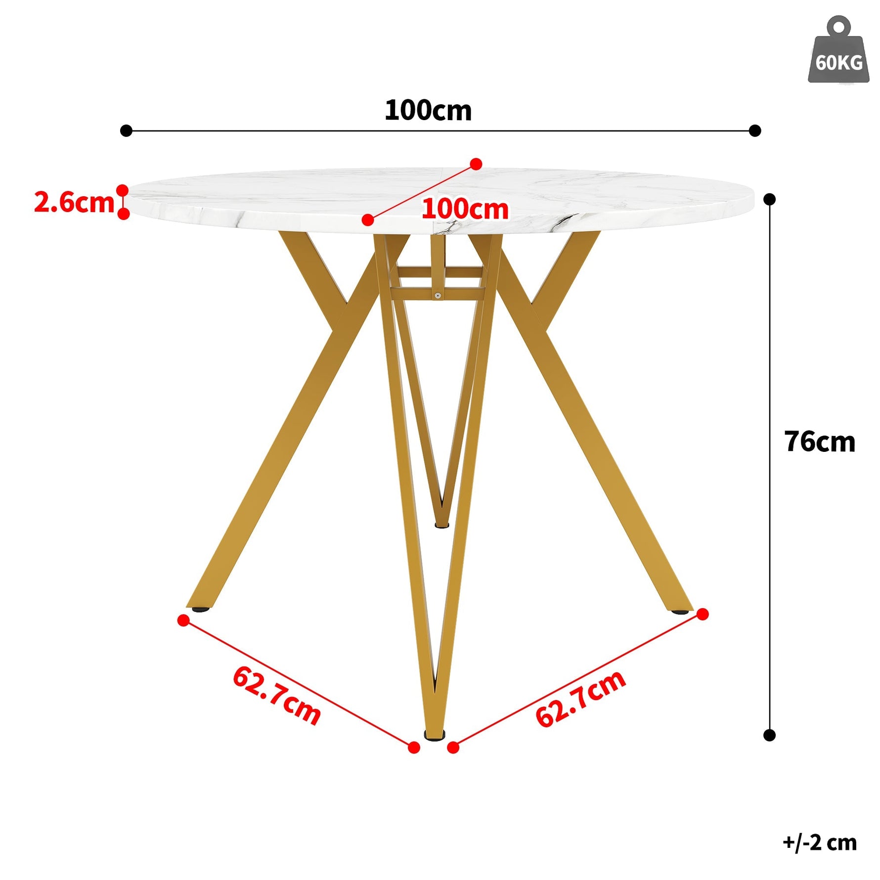 Dining Table Set 5-Piece Round 100cm Gold Metal Legs MDF Marble/Grey