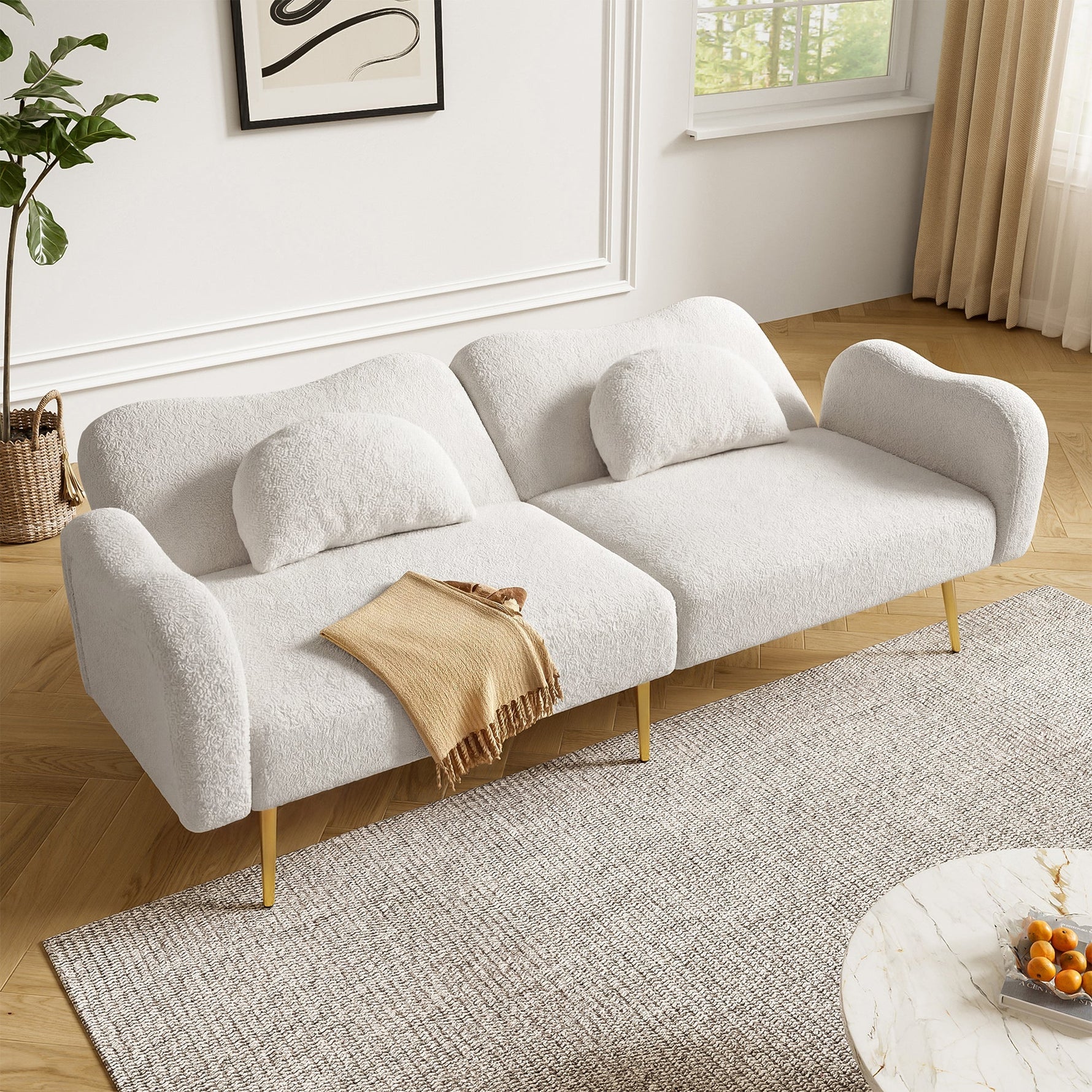 Two-Seater Sofa Bed Adjustable Backrest Gold Metal Feet