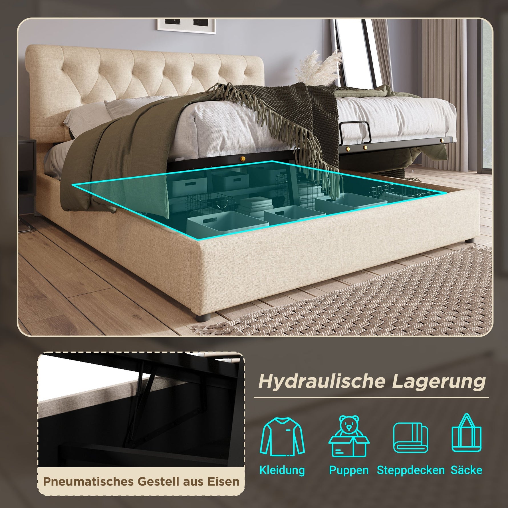 Hydraulic Upholstered Bed, 140x200cm Adjustable Headboard with Storage, Natural