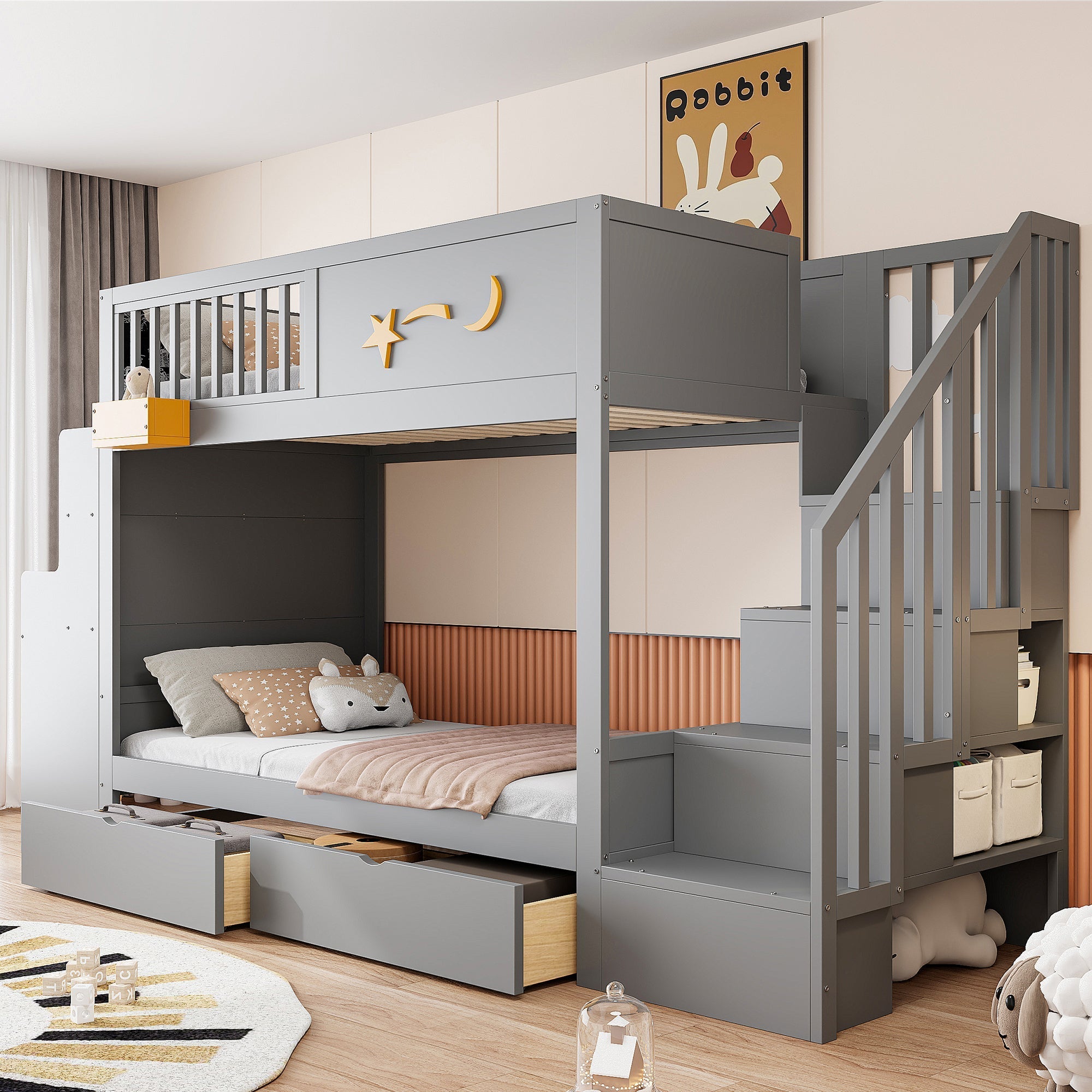 Bunk Bed with Desk, Storage Drawers and Star Motif, 90x200cm, Grey Pine Wood
