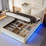 Modern Upholstered Bed with Storage, LED Light, USB-C Ports - 140x200cm