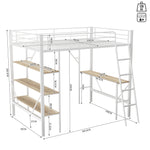 Loft Bed 90x200cm with Desk 3 Shelves - White Metal