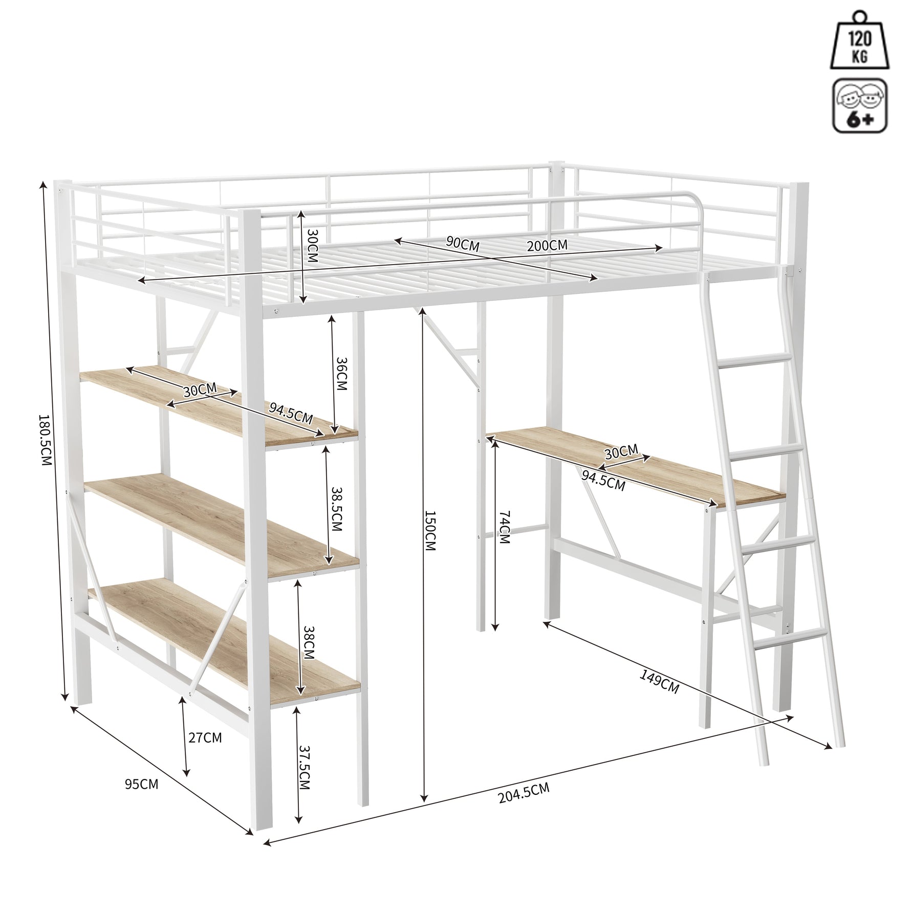 Loft Bed 90x200cm with Desk 3 Shelves - White Metal