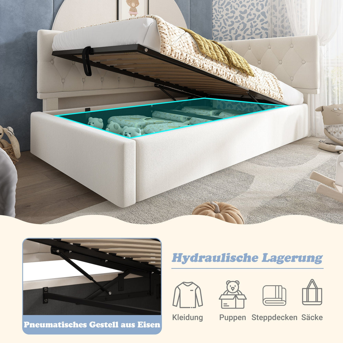 Upholstered Bed, Day Bed Sofa Bed with Hydraulic Storage, 90x190cm, Velvet Beige