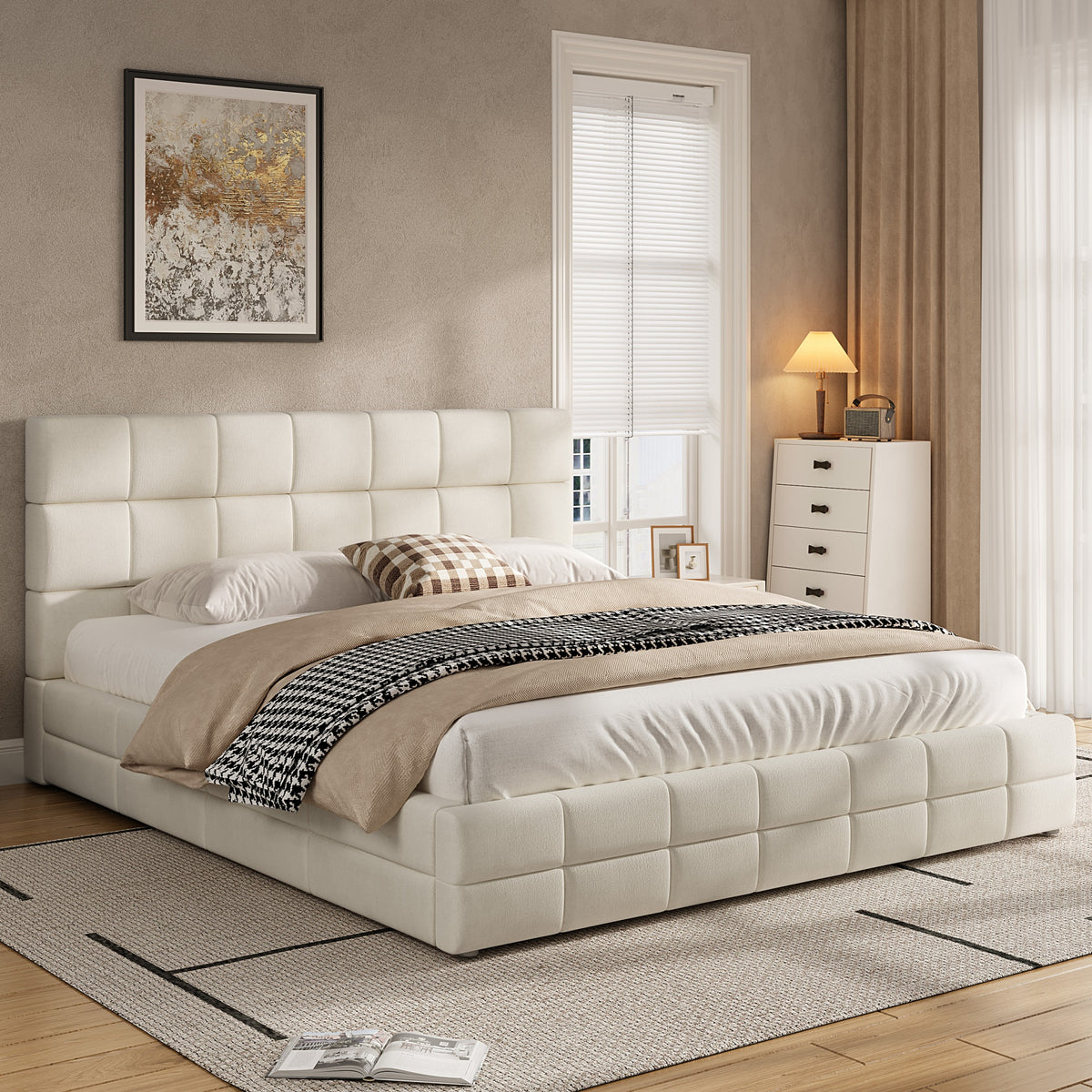 Upholstered Platform Bed Frame, 180x200 cm - Beige
