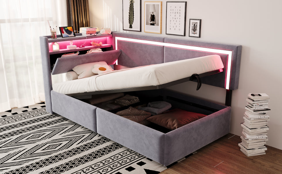 Upholstered Sofa Bed 90x200 LED USB Hydraulic Storage Light Grey Velvet