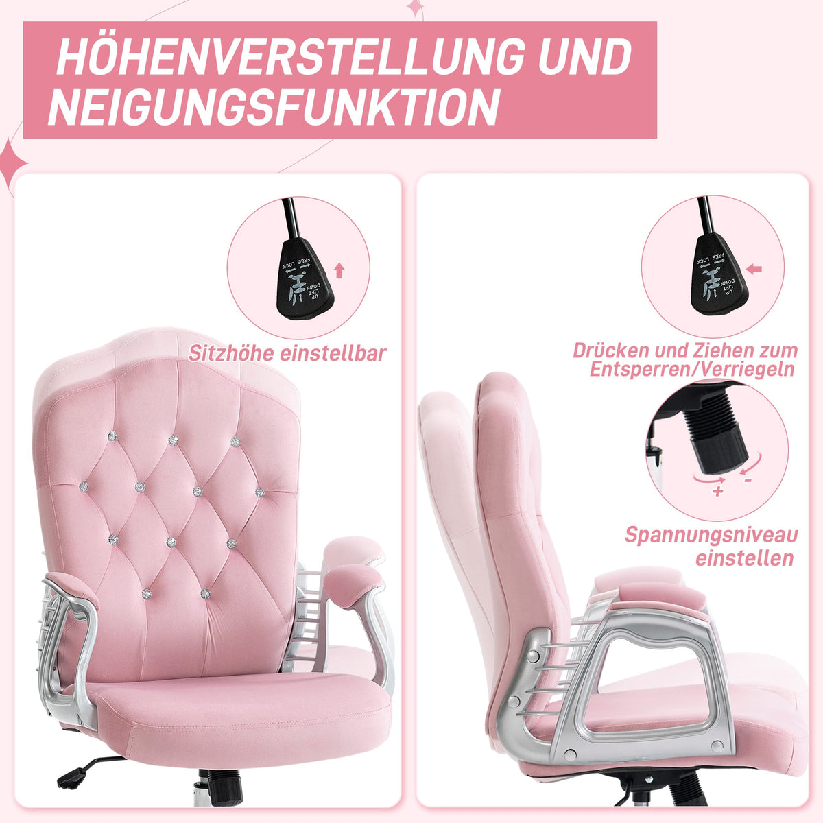 Office Chair, Ergonomic Rocking Height Adjustable, Pink