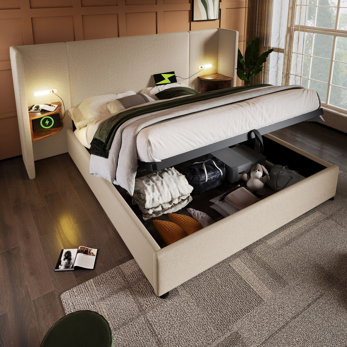 Upholstered Double Bed, 160x200, with Bedside Table, Reading Lamp & USB-C Charging, Beige Linen