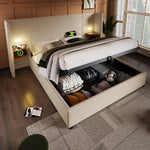 Upholstered Double Bed 160x200, with Bedside Table, Reading Lamp, USB-C, Storage, Solid Wood & Metal Frame, Beige Linen