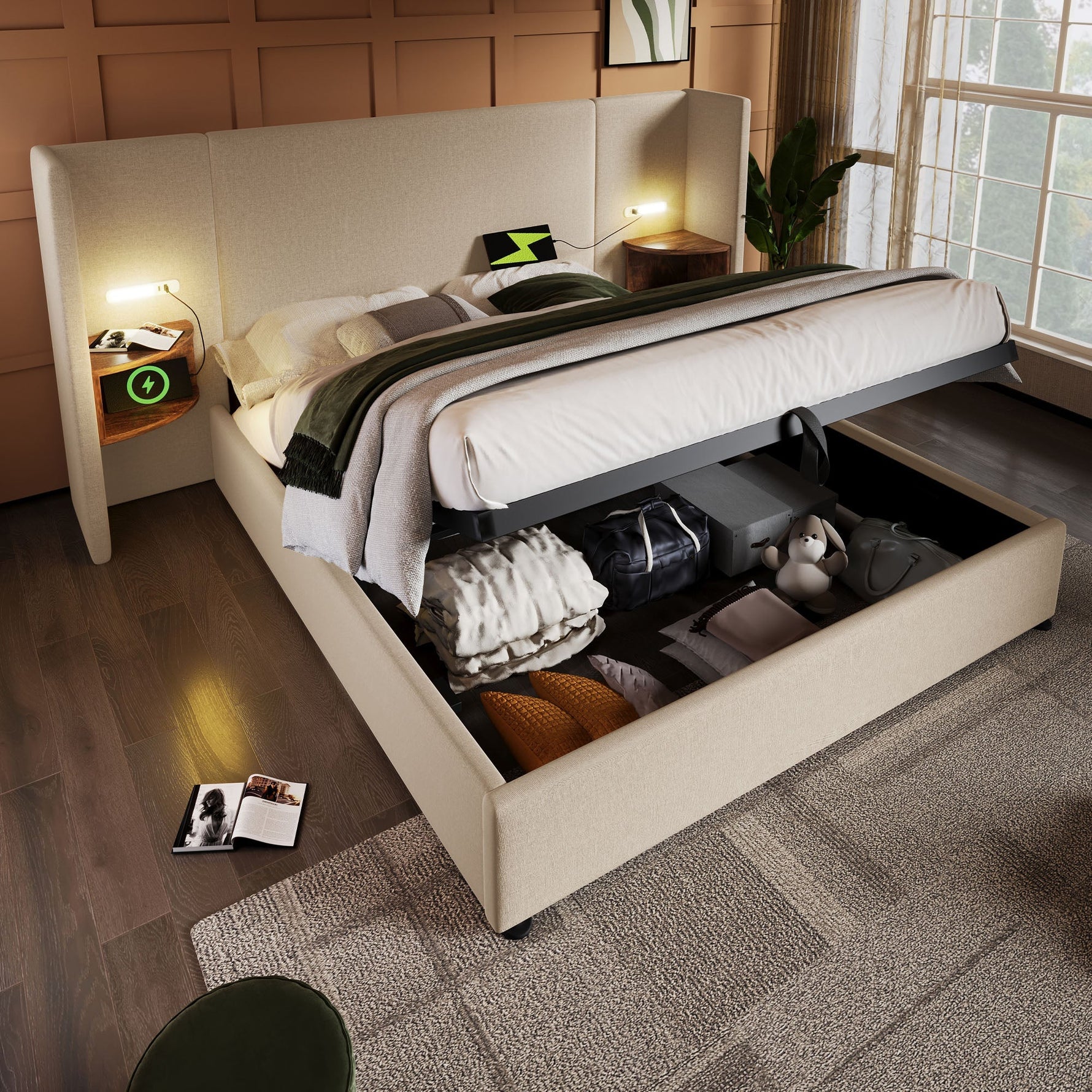 Upholstered Double Bed 160x200, with Bedside Table, Reading Lamp, USB-C, Storage, Solid Wood & Metal Frame, Beige Linen