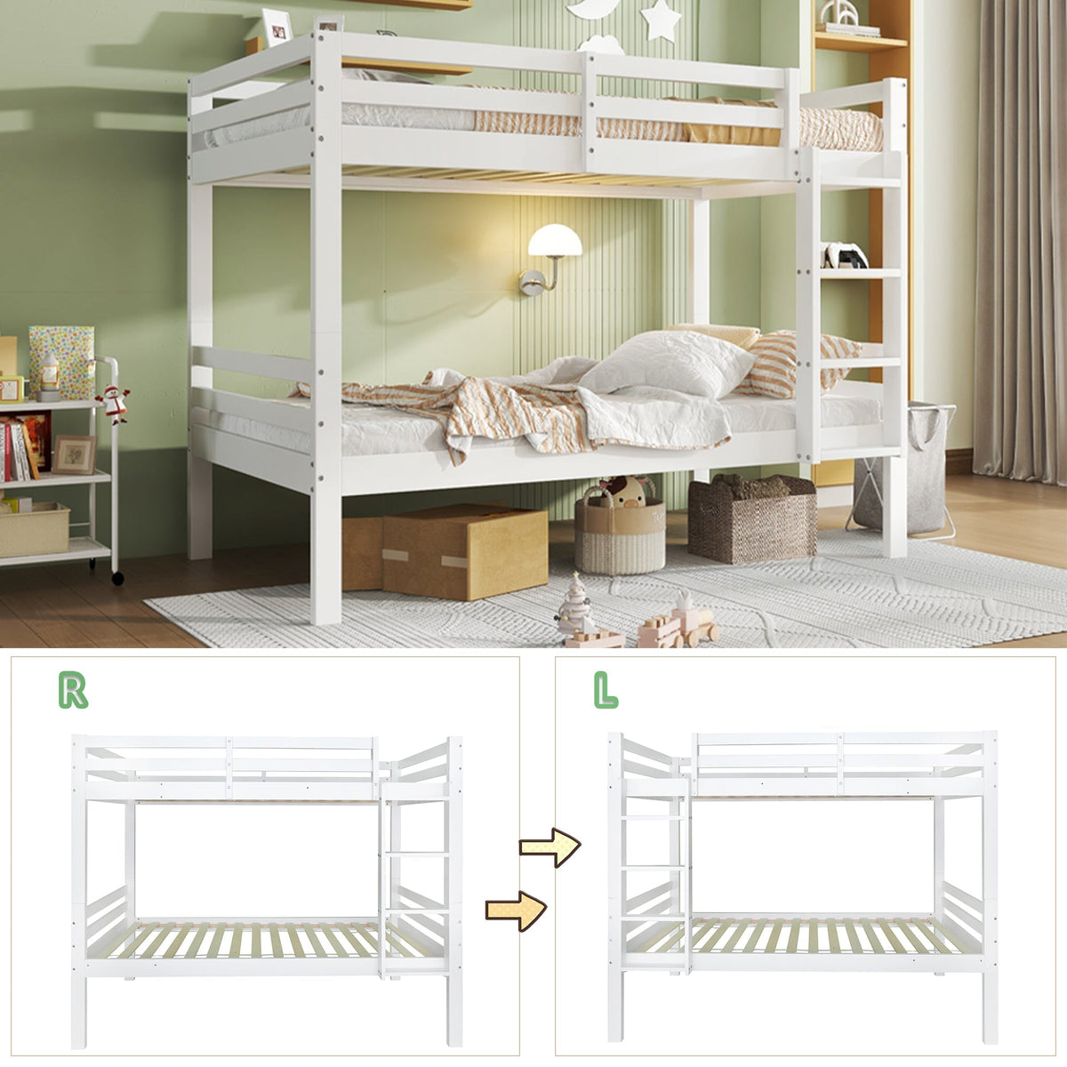 Bunk Bed for Children, Angled Ladder Fall Protection Divisible 2 Single Beds, Pine Frame White 90x200cm
