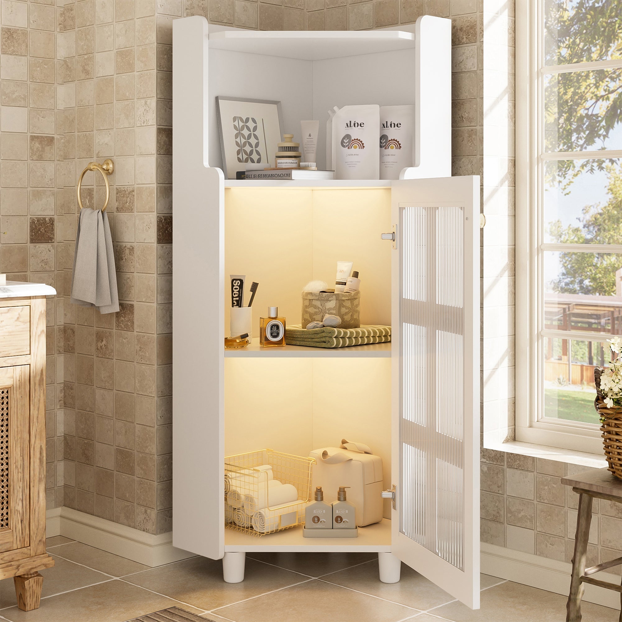 Corner Cabinet LED Lighting App Control Lacquered 63.5x124cm - White