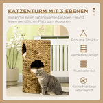 Boho Cat Cave, 3-Tier 3-Entrance with Cushion, Light Brown + Cream White