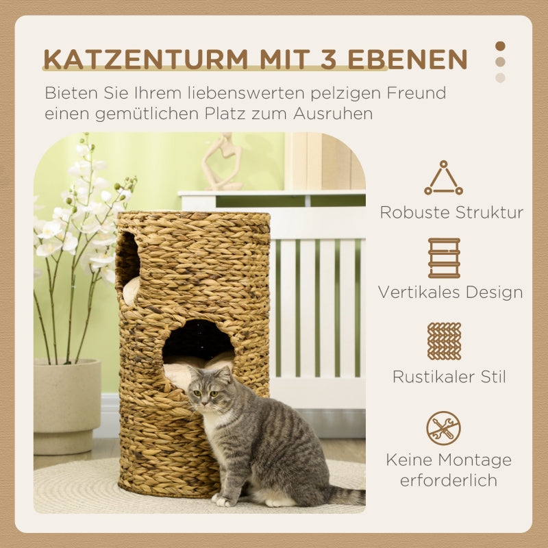 Boho Cat Cave, 3-Tier 3-Entrance with Cushion, Light Brown + Cream White