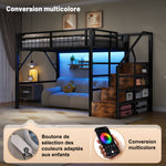 Loft Bed 140x200cm LED Storage Staircase - Black Iron Frame