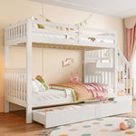 Bunk Bed with Stair Shelf and Two Storage Drawers, 90x200cm, White Pine Wood and MDF