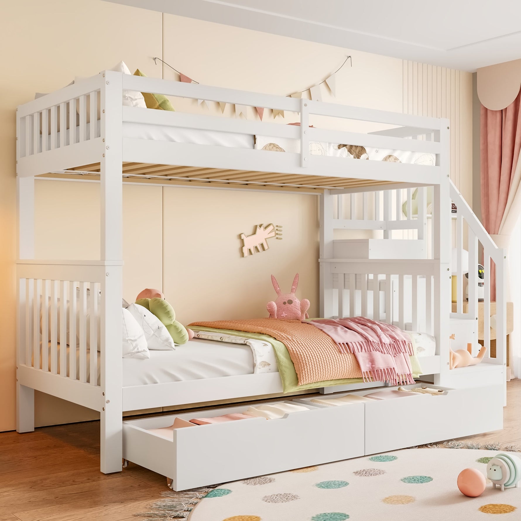 Bunk Bed with Stair Shelf and Two Storage Drawers, 90x200cm, White Pine Wood and MDF