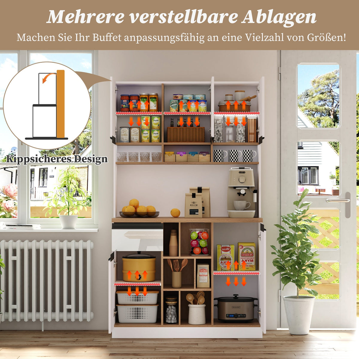 Modern Kitchen Cabinet with Drawers Adjustable Shelves Open Storage - White