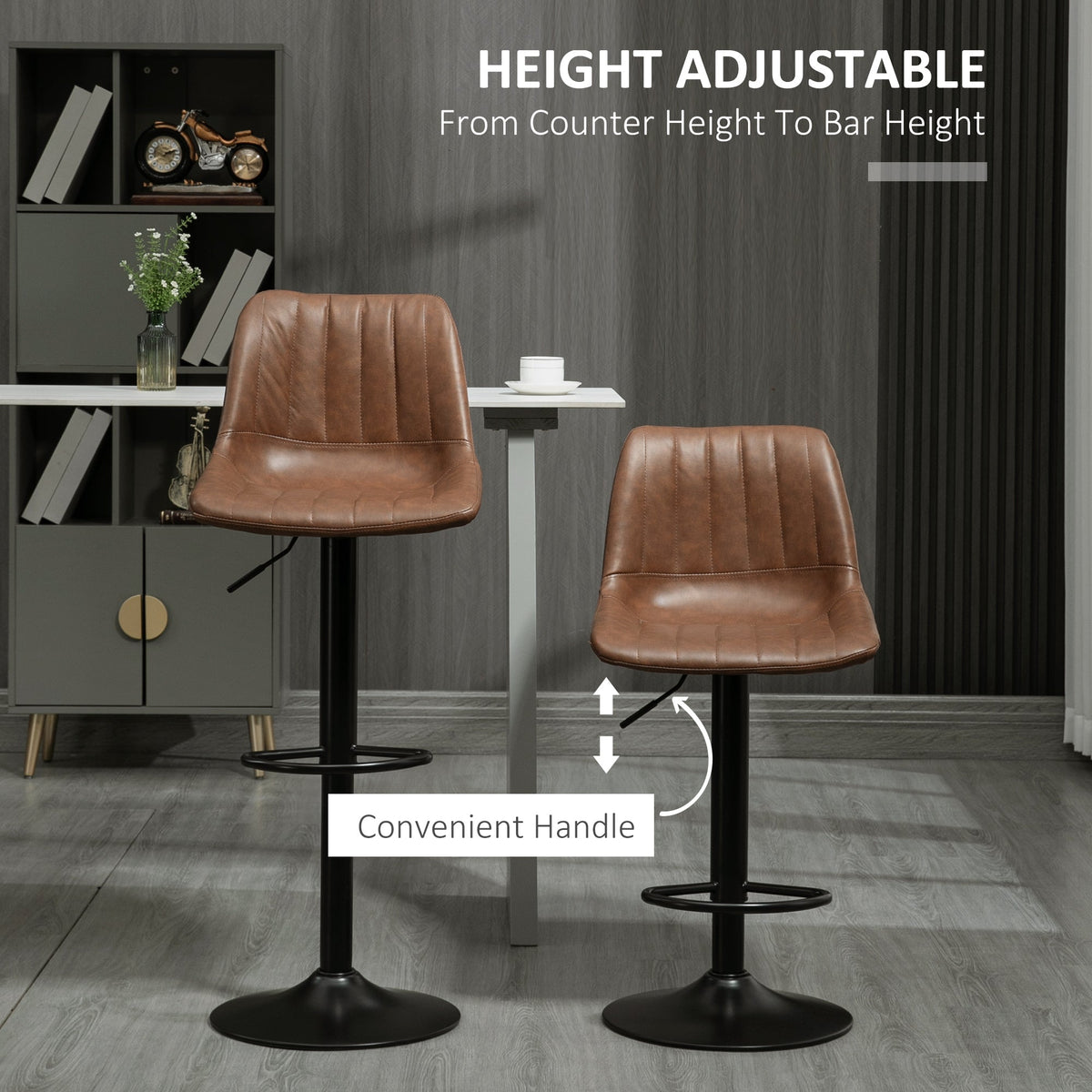 Bar Stools Set of 2, Height-Adjustable Foot Ring, Faux Leather Brown/Steel