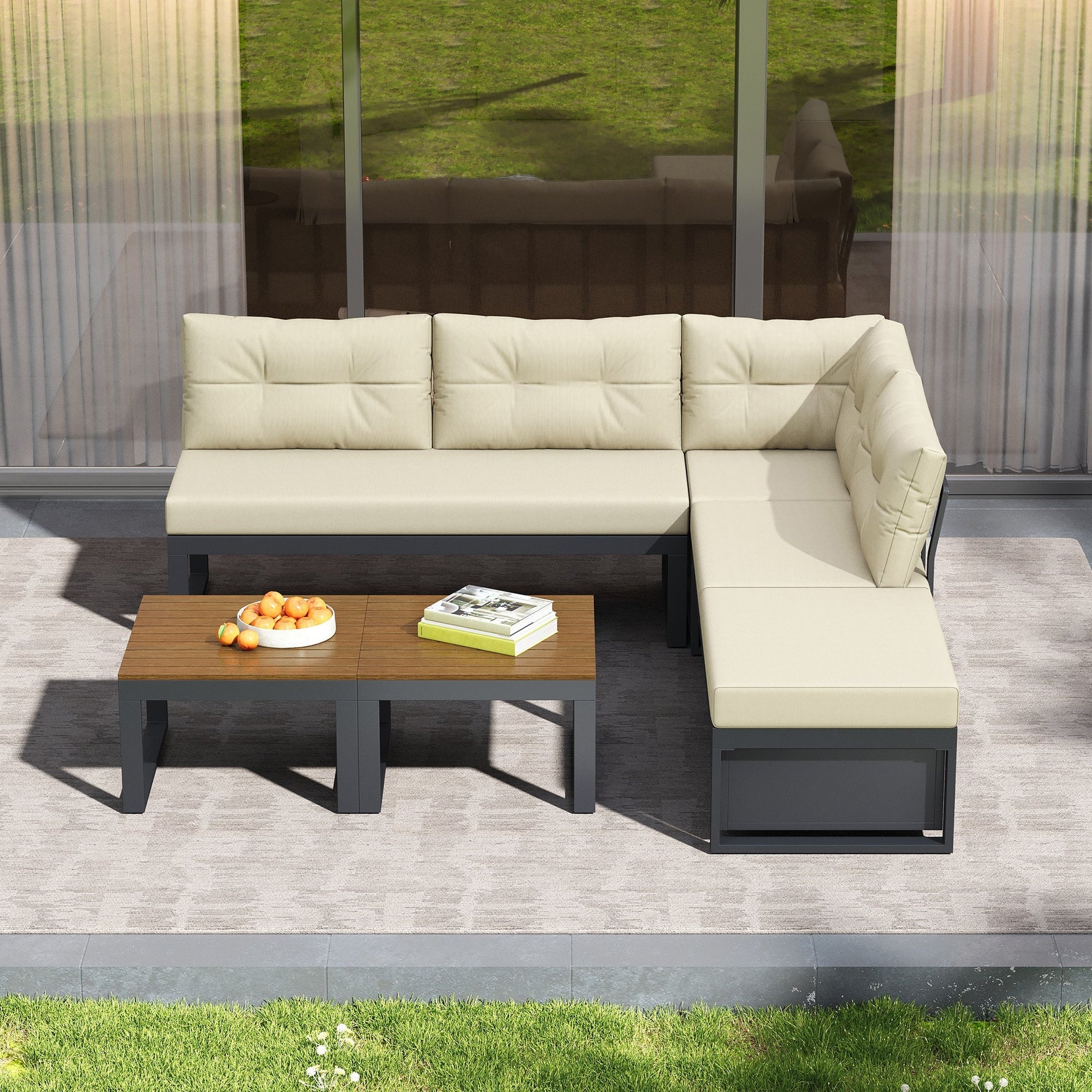 Garden Furniture Set with 3-Position Adjustable Reclining Backrest, Comfort Cushions and Storage, Beige