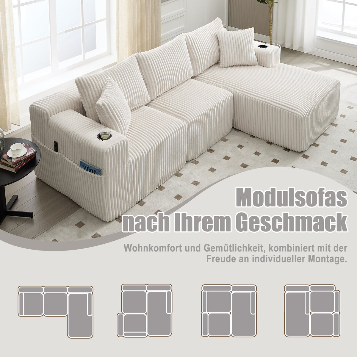Modular Sofa Set Chaise & 2-Seater, DIY Combination, Corduroy Fabric