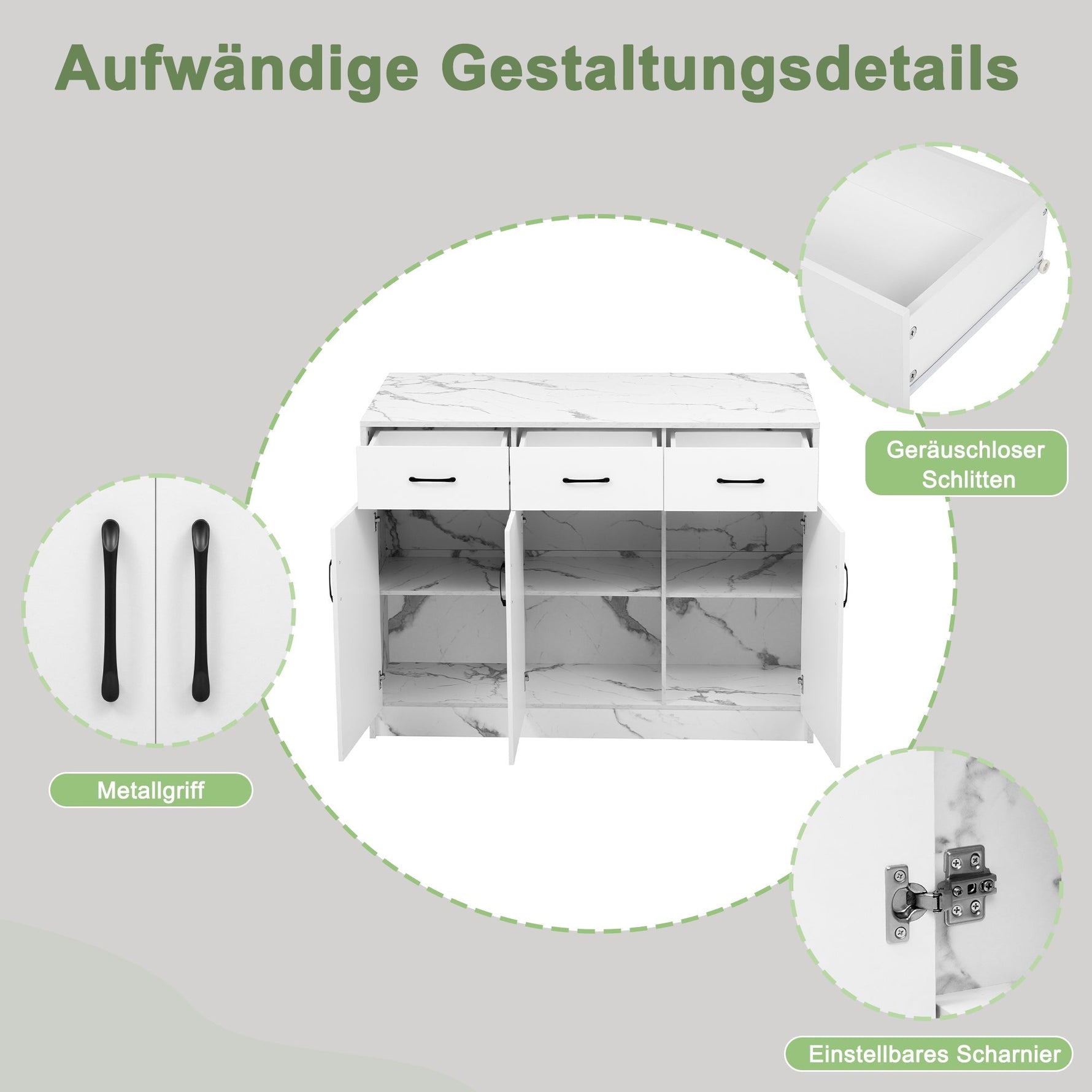 Large Kitchen Island 120x60cm 3 Drawers 3 Doors Adjustable Shelves - White Marble Design