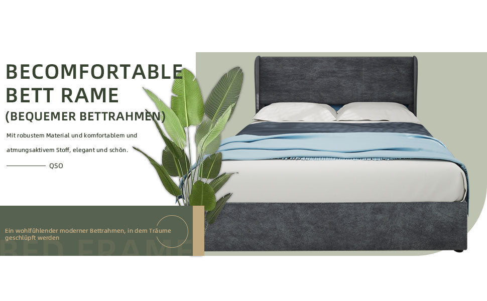 Modern Minimalist Upholstered Bed, 160x200 cm, High-Profile Storage with Gas Lift, Grey