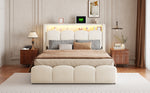 Upholstered Bed 140x200 with Hydraulic Storage & LED, Beige Velvet