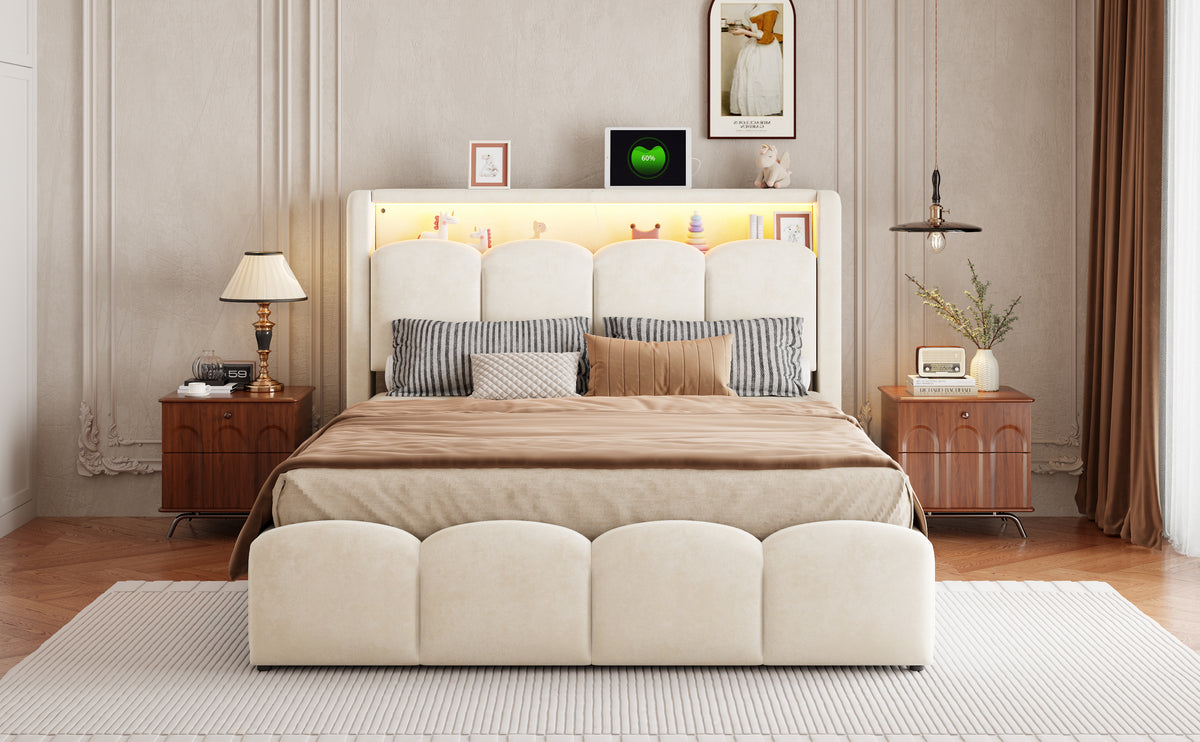 Upholstered Bed 140x200 with Hydraulic Storage & LED, Beige Velvet