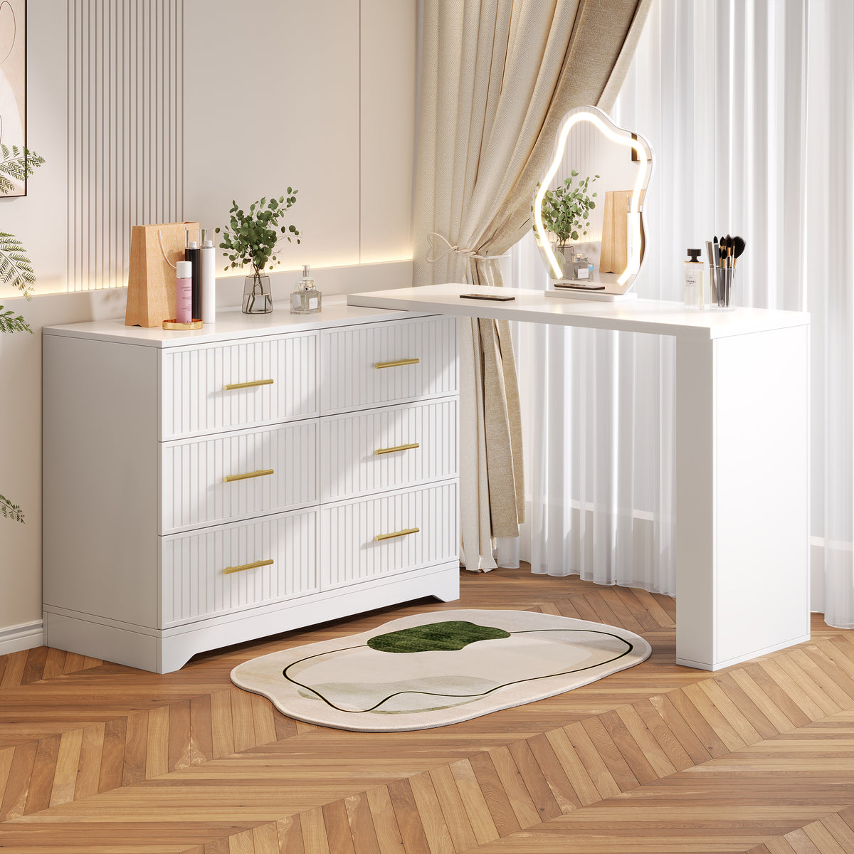 Rotating Dressing Table with LED Lighting, 110x40x129 cm, White