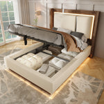 Youth Upholstered Bed 90x200 LED Bed Box - Linen Beige & Walnut