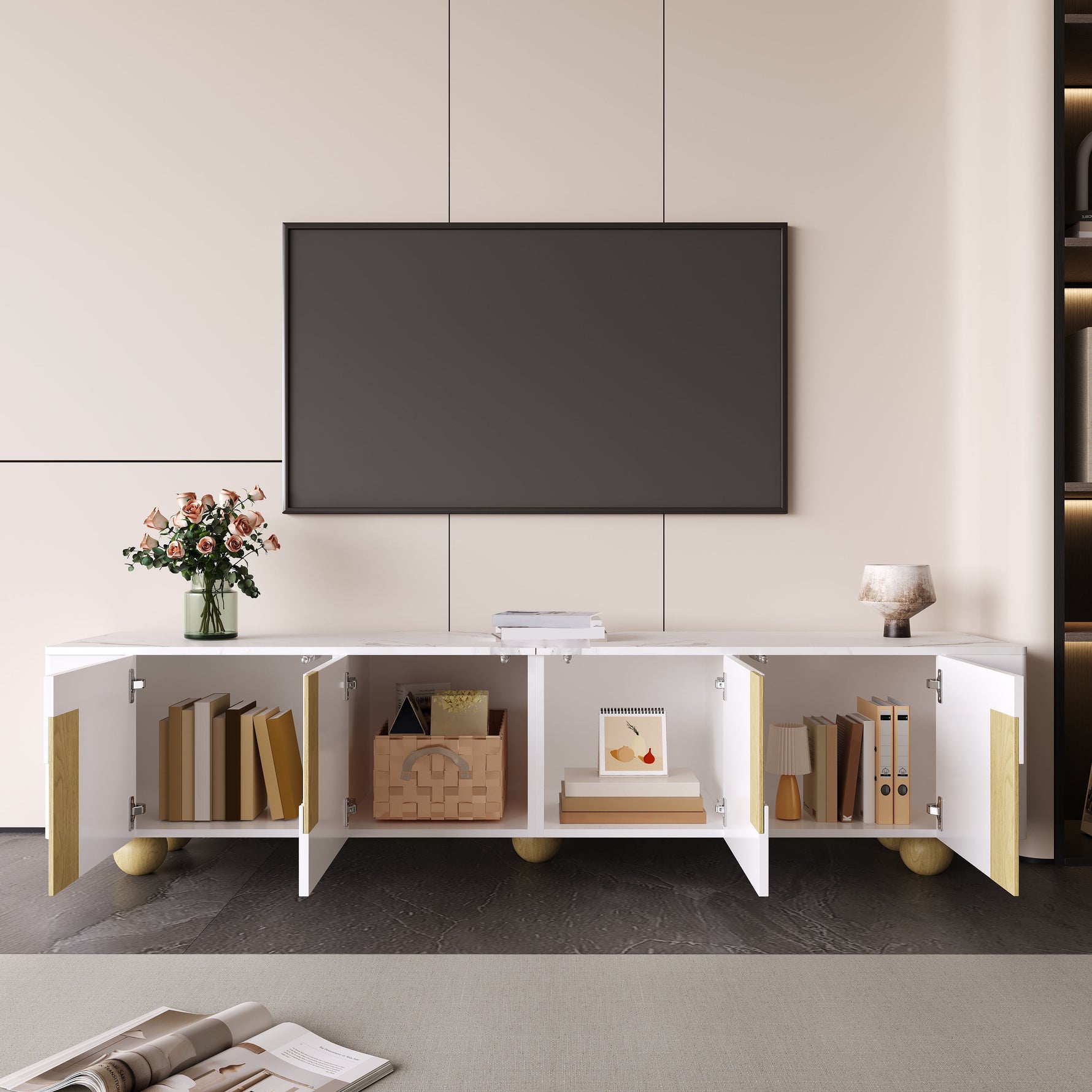TV Cabinet 180cm 4 Doors Marble-Effect Spherical Feet, White