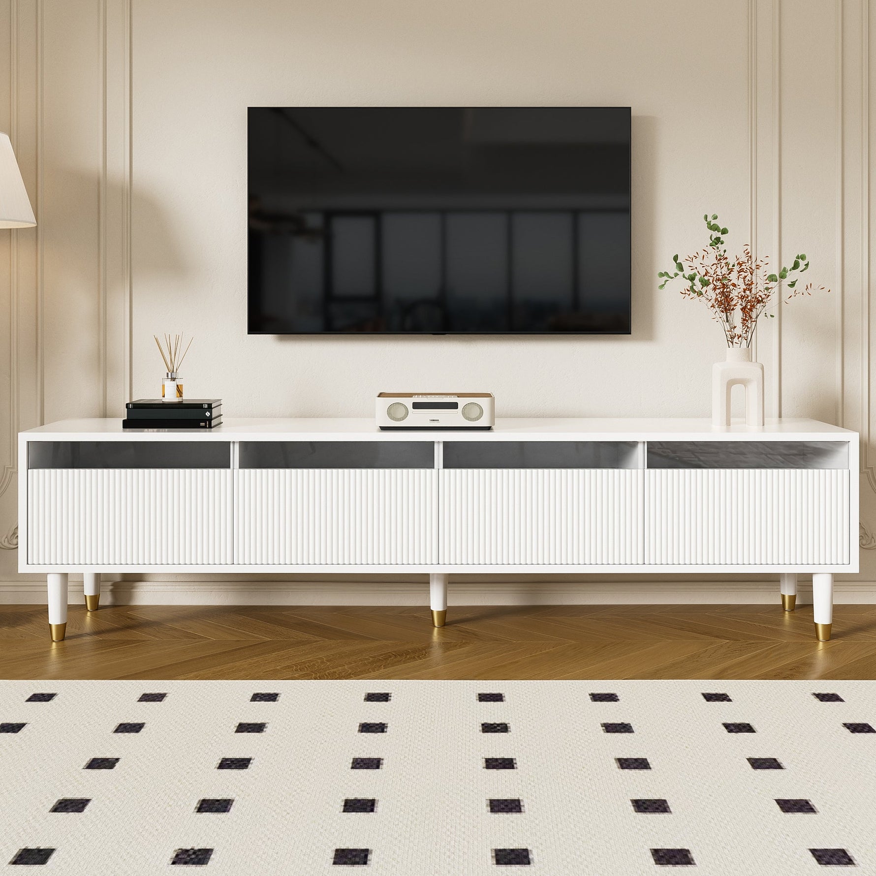 TV Cabinet 178cm, Minimalist Design, 4 Drawers, White MDF & Acrylic