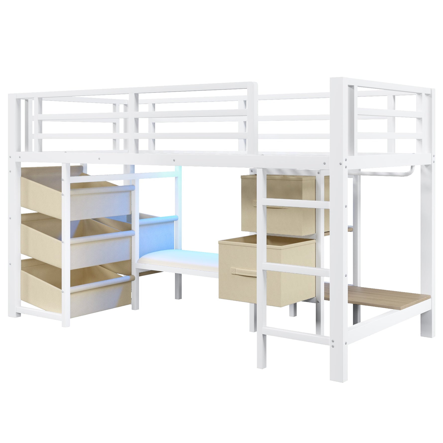 Mid-Height Bed with Storage Drawer and LED Lighting, 90x200 cm, Metal, White