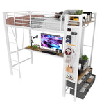 Loft Bed 90x200cm with Desk, Shelves & Drawers, White Iron Frame