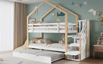 Bunk Bed, Pull-Out Treehouse with Sliding Bed & 3-Drawer Stairs, Natural + White