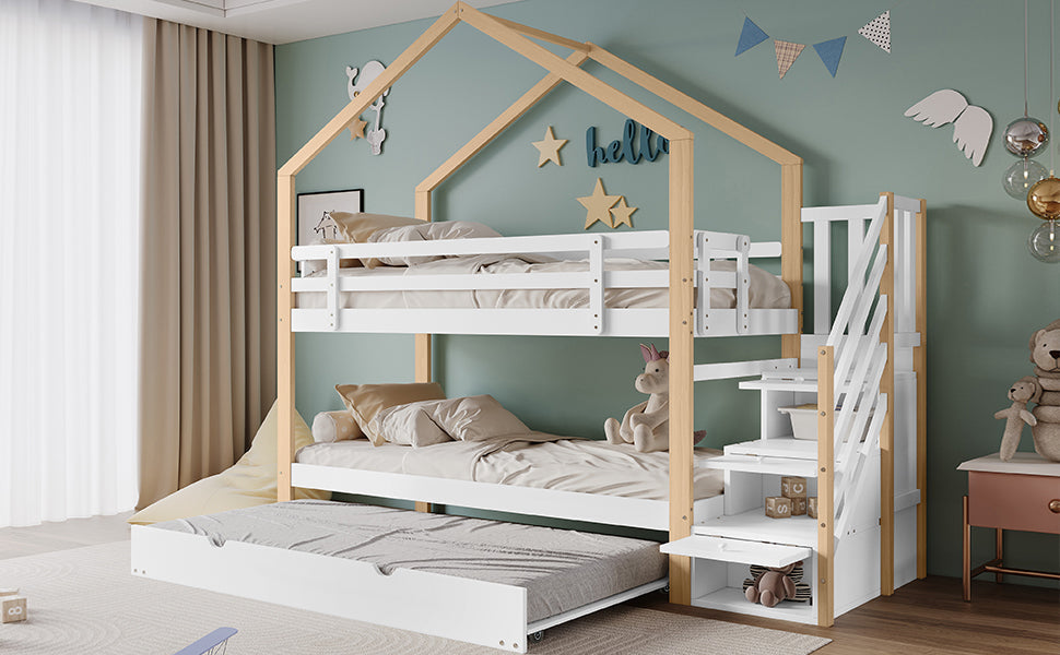 Bunk Bed, Pull-Out Treehouse with Sliding Bed & 3-Drawer Stairs, Natural + White