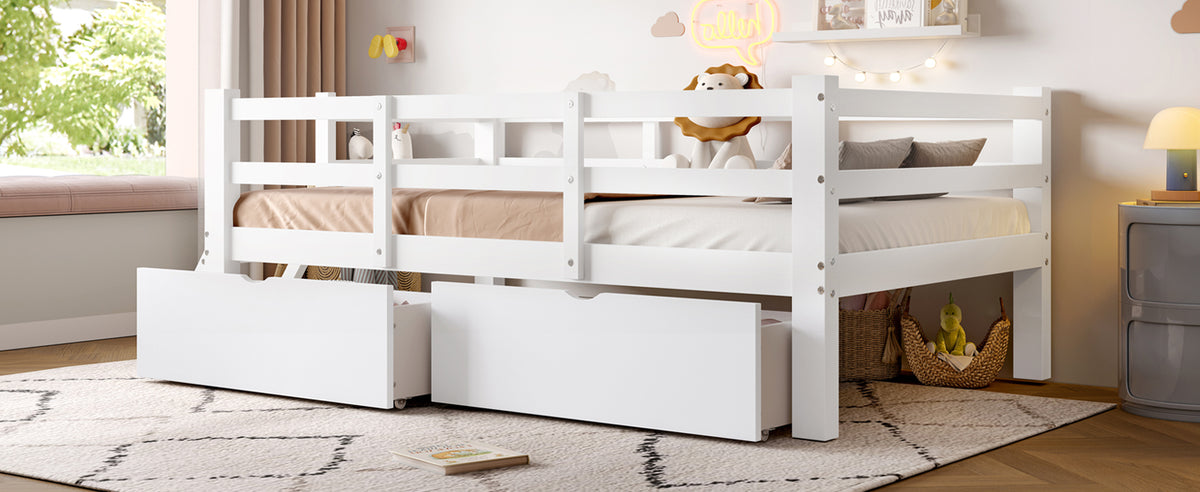 Wooden Platform Bed 90x200cm with Safety Railing & 2 Drawers, White