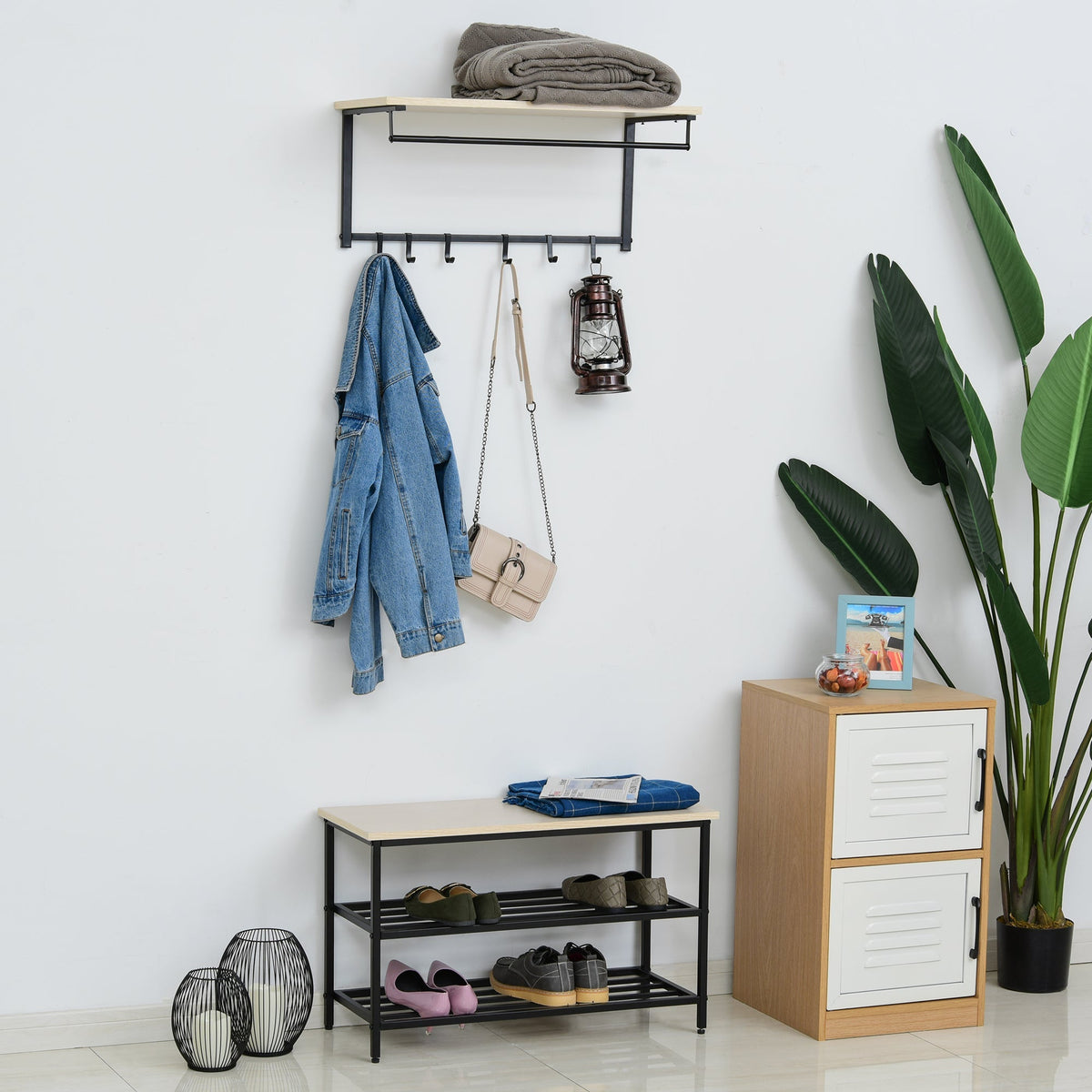 Hallway Wardrobe Set, 2-in-1, Bench & Coat Rack, 6 Hooks, Natural + Black