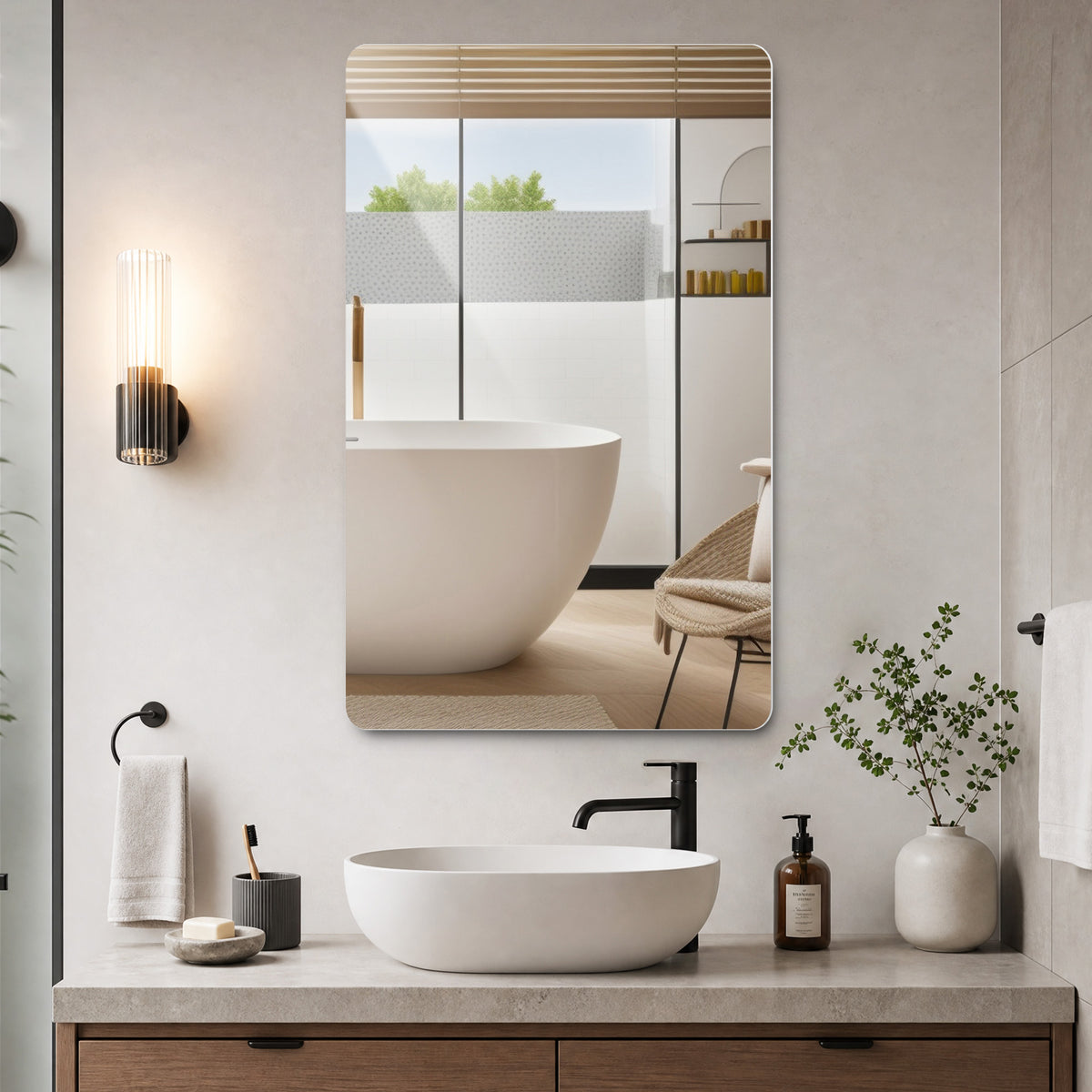 Bathroom Mirror 60x100 cm, Frameless Rounded Corners, Silver Glass