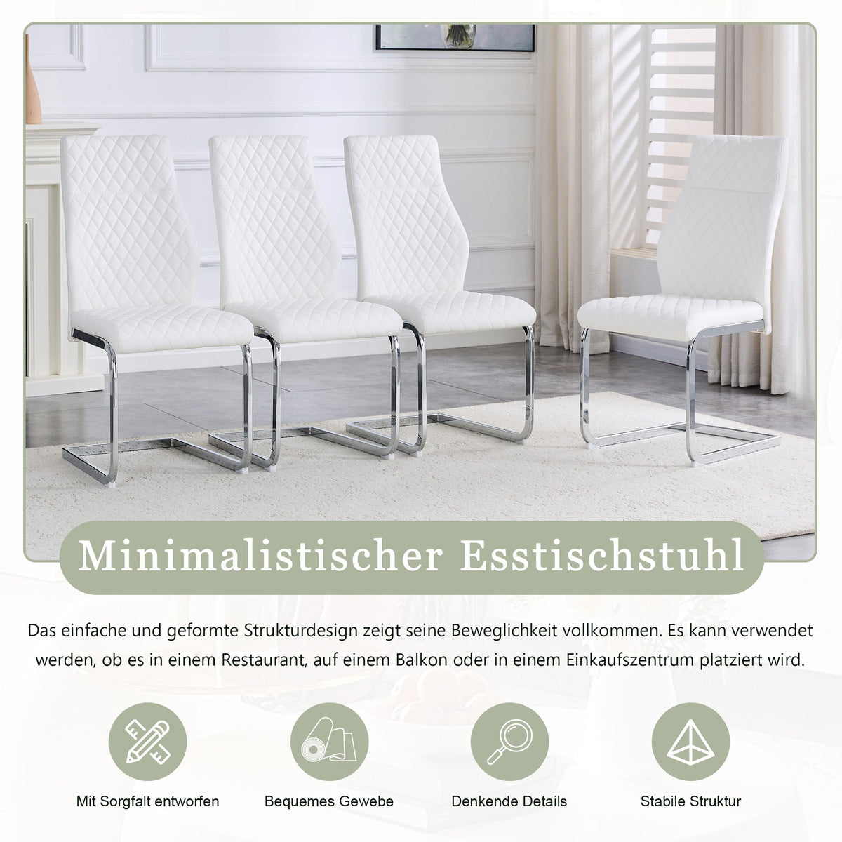 Dining Chair Set of 2 with High Backrest and Padded Seat, White PU Leather and Silver Metal