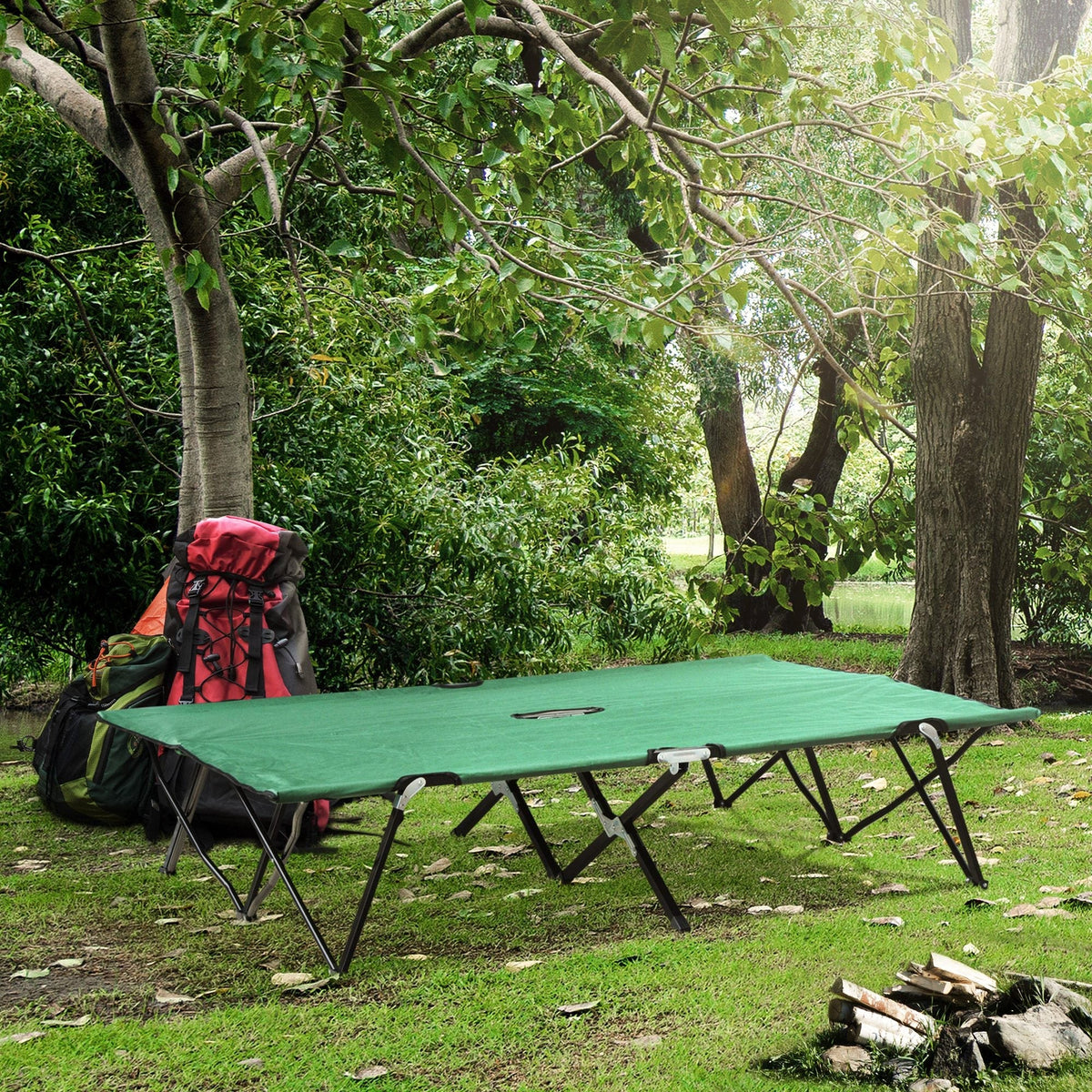 Camping Bed, 2 Person Folding with Carry Bag, Oxford Green Black