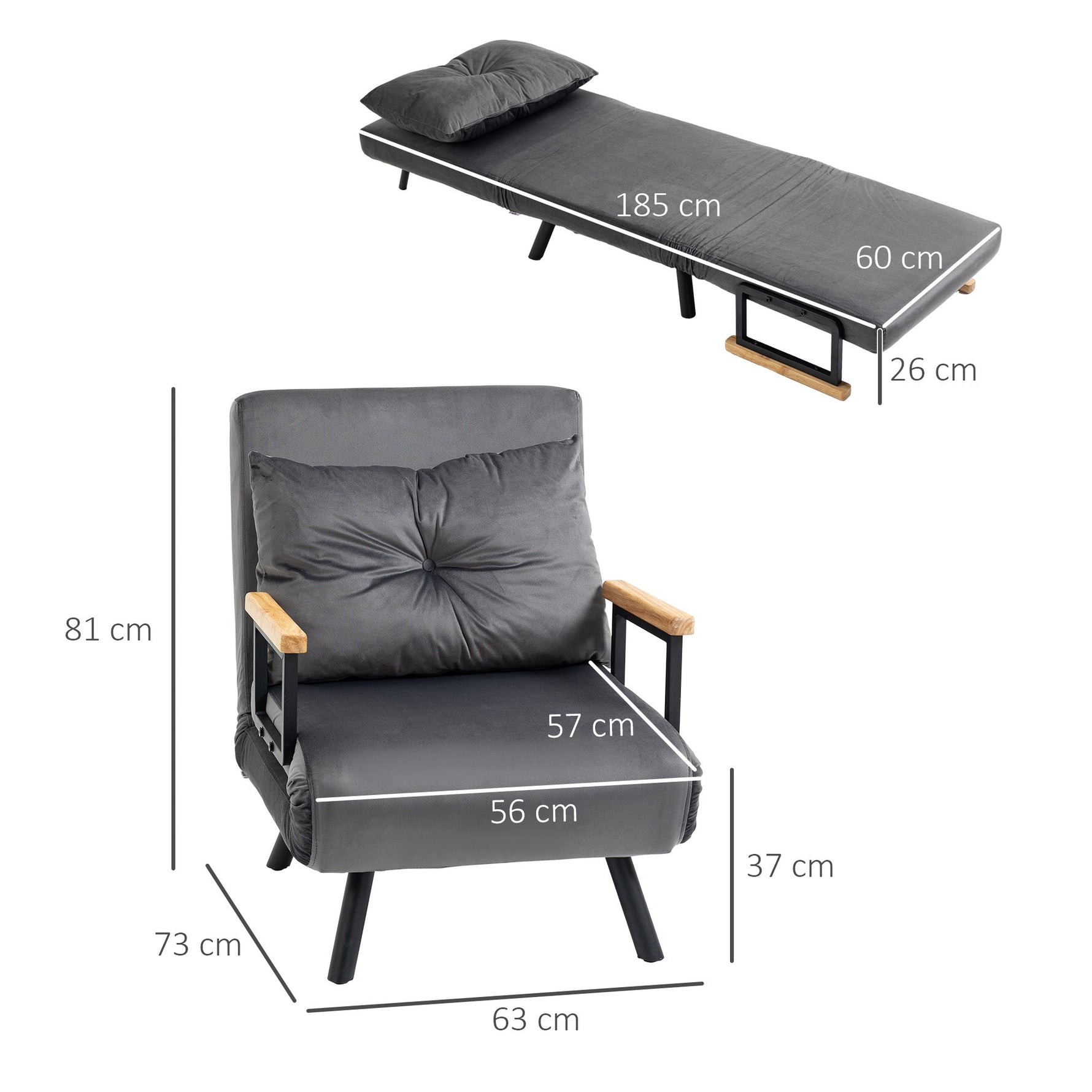 Sleeper Chair Single Sofa Bed Recliner Adjustable Backrest, Dark Grey Velvet