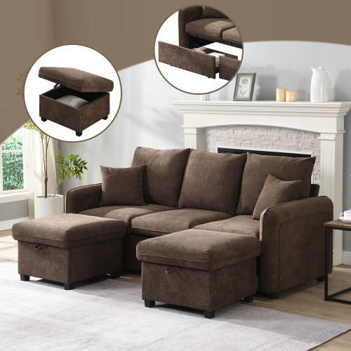 Multifunctional Corner Sofa, U-Shaped Three-Seater, Storage, Drawers & Ottoman, Sleeping Function, Chenille