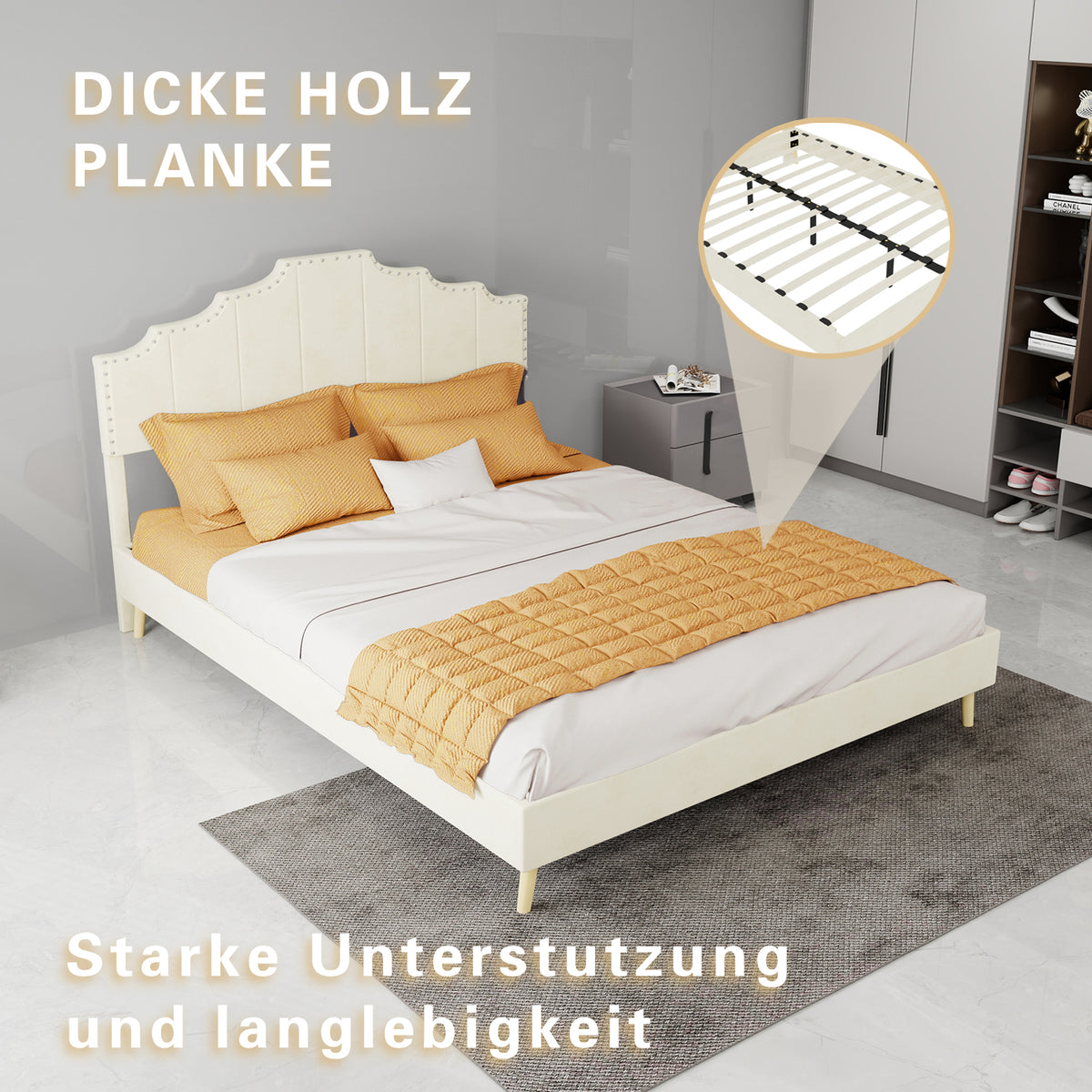 Modern Minimalist Soft Bed with Mattress 140x200cm, Beige