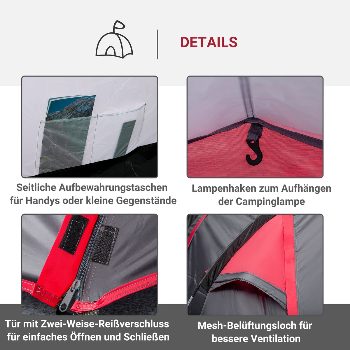 Tunnel Tent, 2-3 Person Camping, Fiberglass & Polyester, Grey