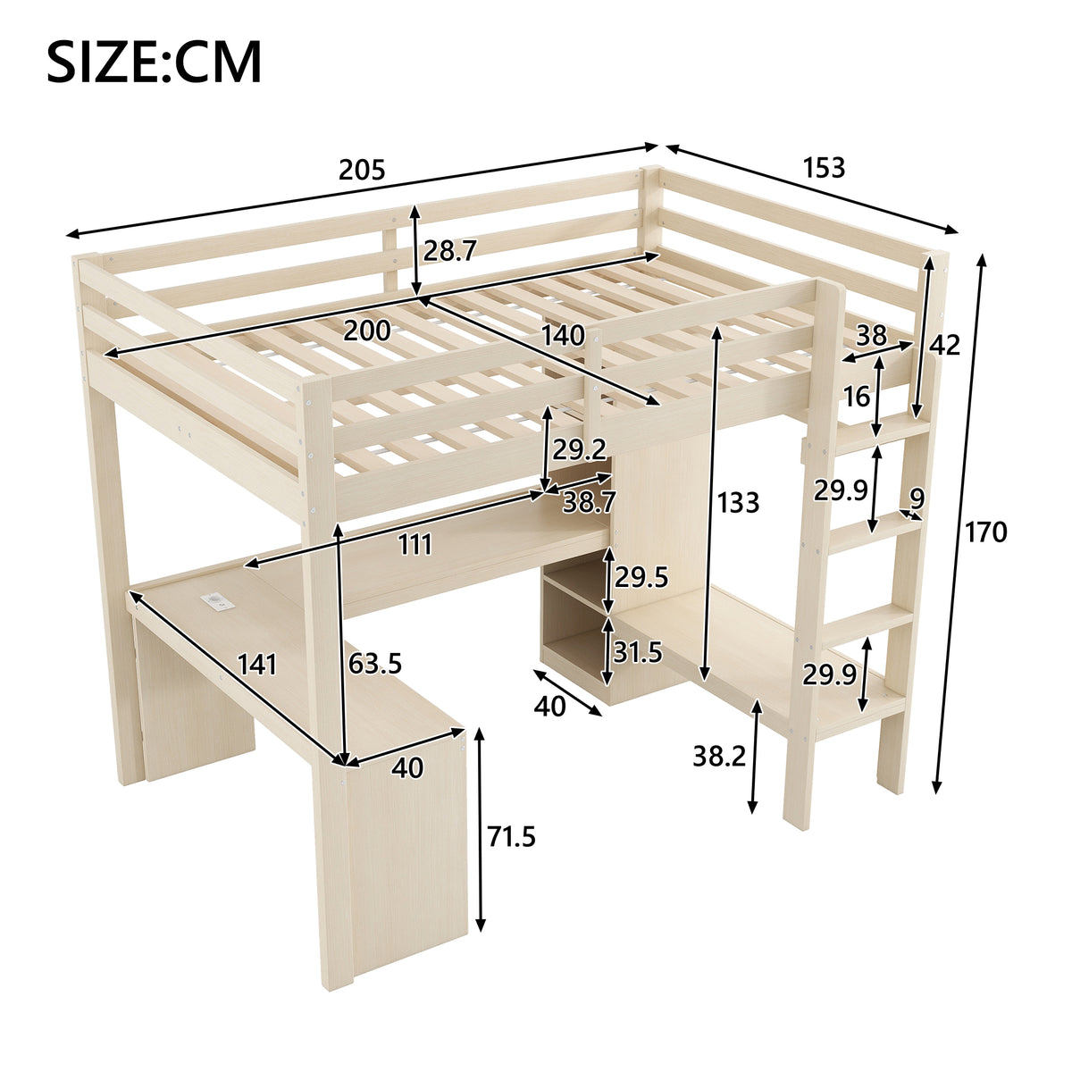 Loft Bed 140x200 with Desk, Shelves, LED & USB Port - Natural