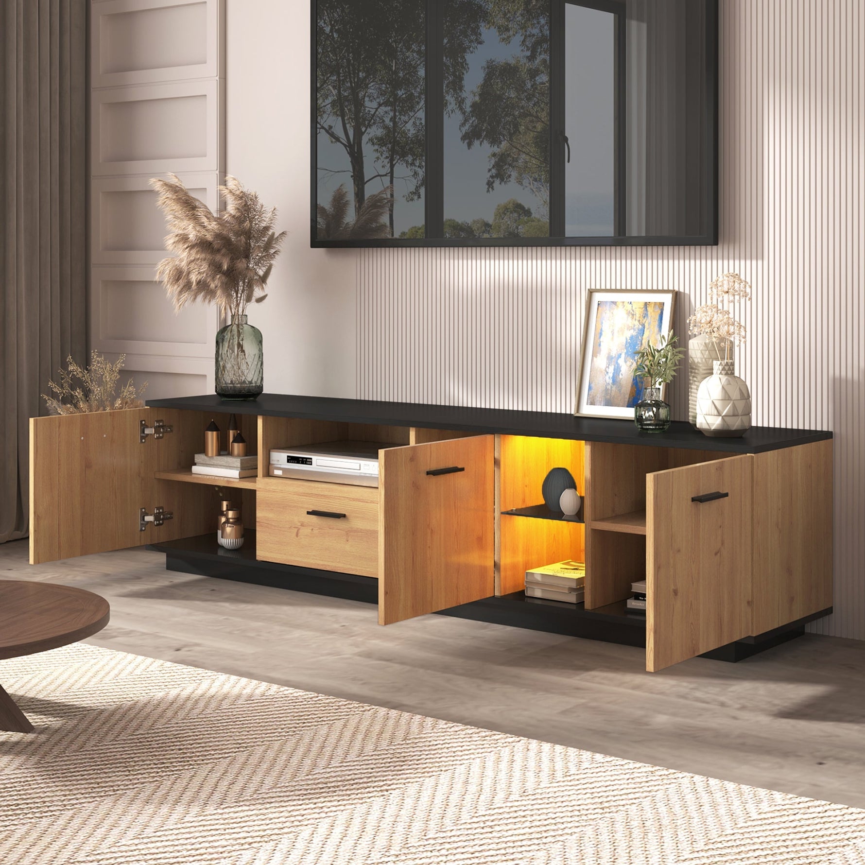 TV Cabinet 1 Drawer 3 Doors Glass Compartments Fine Texture 16 LED Lights, Black/Natural Wood