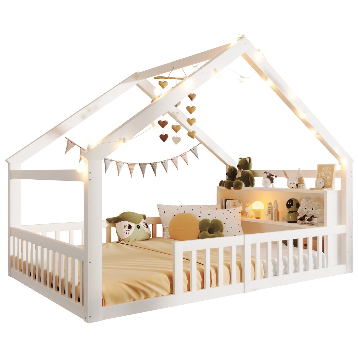 Children's Flatbed with House Rail and LED Beads, 140 x 190 cm, Pine Wood, White