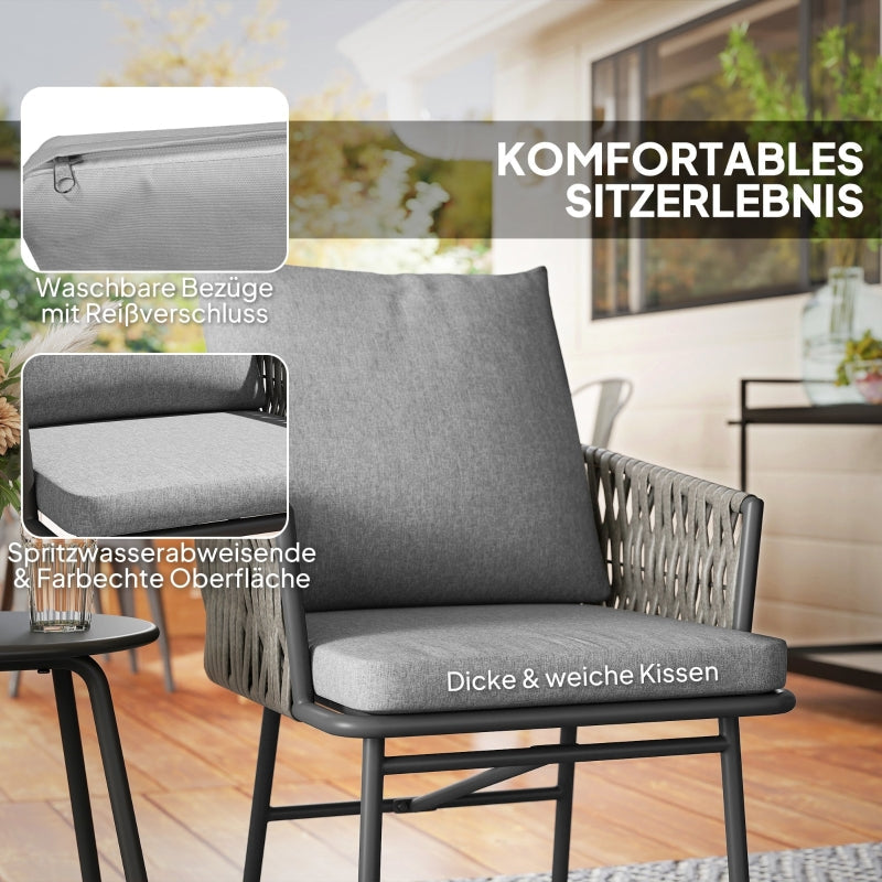 Rattan Bistro Set, 3-Piece, 2 Chairs, Coffee Table, Steel, Gray